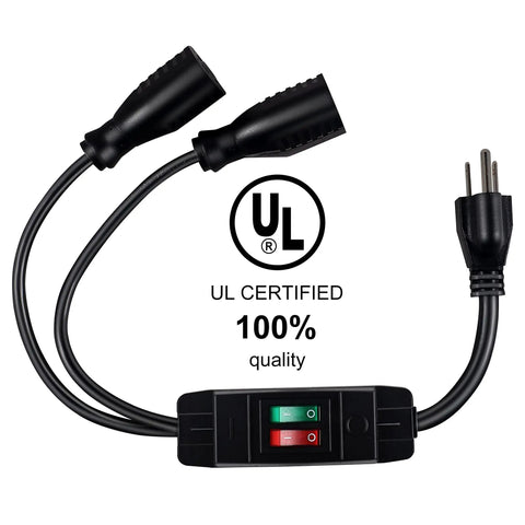 Two Way Outdoor Extension Cord With Independent On Off Switches, 3 Prong Heavy Duty SJTW 14AWG 15A/125V And 18AWG 10A/125V Power Cord