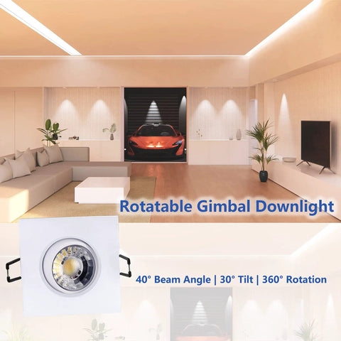 Living room with installed Six Pack Dope 3 Inch Canless Recessed Gimbal Downlight With 360 Degree Rotating Eyeball, white square finish.