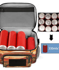 Cactus Desert Tactical Lunch Bag for Men and Women, open view, showing 12 red cans fitting inside, insulated interior.