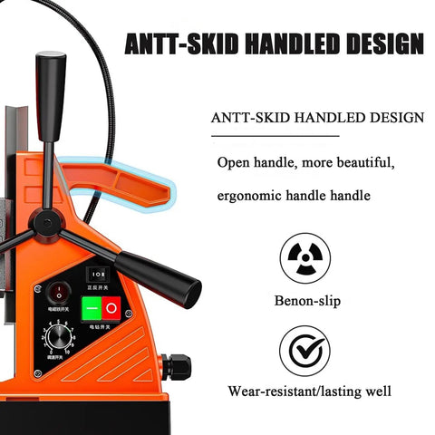 Heavy-Duty Magnetic Drill Press With 1380W Copper Motor And 16mm Boring Capacity showing ergonomic anti-skid handle design.