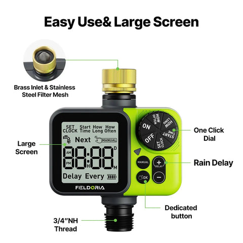 Sprinkler Timer For Garden Hose Programmable Watering Timer With Rain Delay Outdoor Automatic And Manual Set It And Forget It Drip Irrigation Controller System For Lawn Yard Greenhouse One Click Manual Watering with brass inlet and large screen