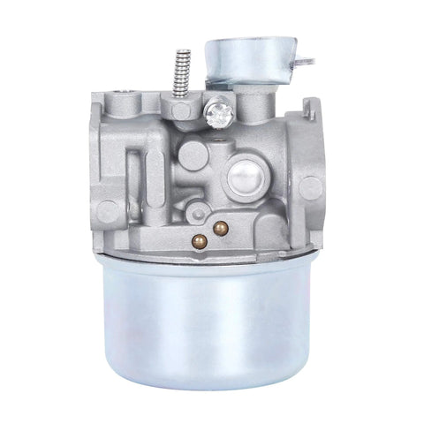 Carburetor for small engines; front view shows gray metal body and silver fuel bowl.