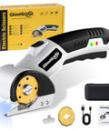 GlimHirVox Electric Box Cutter For Cardboard With Safety Lock And Led Light Cordless Scissors, showing titanium blade and accessories.
