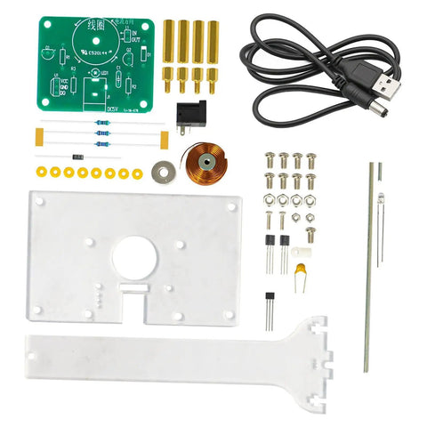 Hands On Electromagnetic Swing Experiment Kit For STEM Education, components laid out with power cord, PC polycarbonate base