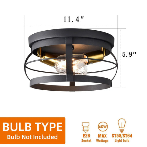 2-Light Farmhouse Flush Mount Ceiling Light In Black Finish, 11.4-inch rustic industrial fixture with metal cage and bulb type info