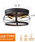 3 Light Industrial Semi Flush Mount Ceiling Light In Black Farmhouse Style, metal cage with measurements and bulb type guide