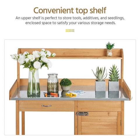 Outdoor Garden Potting Bench With Wood Tabletop And Open Shelf Cabinet Drawer Dope Fir Wood Workstation for plants.