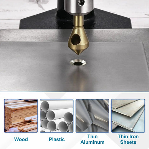 Badass Heavy Duty Titanium Countersink Drill Bit Set With Precision Chamfer Cone Tools For Metal Woodworking Bevel Grinding 4 Piece 2 To 20mm Range Pro Shop Ready Machining Kit in action on metal sheet.