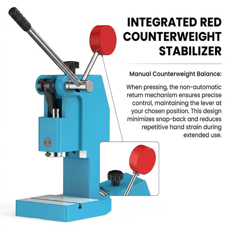 Heavy Duty Workhorse Manual Arbor Press Featuring Rock Solid Lever Design And Red Counterweight Balance Block for precise control.