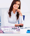 Woman at desk with Personalized Acrylic Desk Name Plate With Purple Flower Design, Custom Name Plate For Office Decor