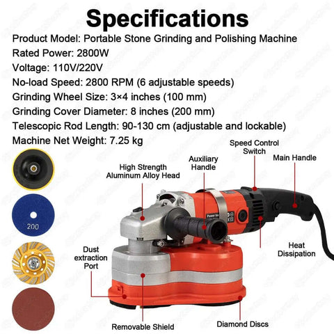 Three Head 2800W Concrete Grinding And Polishing Machine With 8 Inch Coverage Six Speeds Electric Diamond Grinder side view.