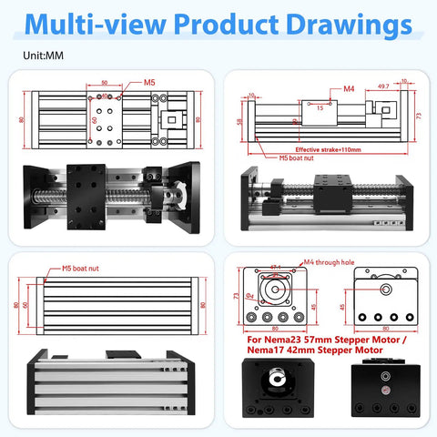Multi-view technical drawing of 8 Inch Stroke SFU1605 Ball Screw Linear Stage With Dual Rail Motion Module For CNC Router 3D Printer And Laser Engraver Fits Nema 17 And Nema 23 Motors Quick Motor Swap High Precision Travel 200mm, showing dimensions and design.