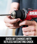 Grit And Grind 12V Brushless Drill Driver And Impact Driver Combo Kit showing keyless ratcheting chuck for quick bit changes.
