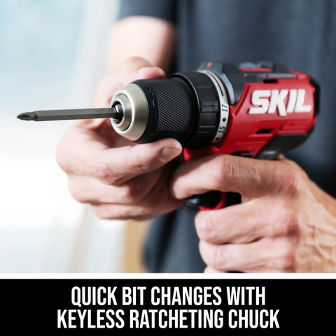 Grit And Grind 12V Brushless Drill Driver And Impact Driver Combo Kit showing keyless ratcheting chuck for quick bit changes.