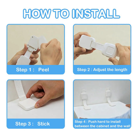 How to install Heavy Duty No Drill Furniture Anchors for Baby Proofing with four steps showcasing adjustment and application.