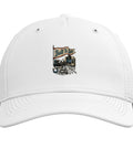 Cool White Baseball Cap For Machinist Men With Printed Vise Gauge Square CNC Tools Design And Adjustable Fit showing Built To Spec artwork.
