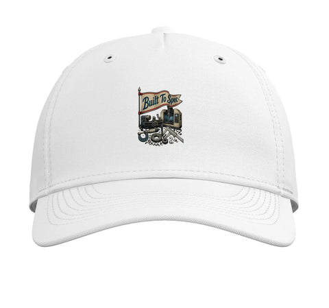 Cool White Baseball Cap For Machinist Men With Printed Vise Gauge Square CNC Tools Design And Adjustable Fit showing Built To Spec artwork.