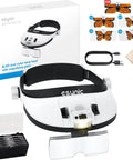 Head Magnifier With LED Light For DIYers Up To 6X Magnification With 5 Interchangeable Lenses, box, USB-C cable, lens kit, and cloth.