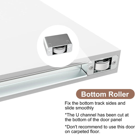 30X84 Inch Flush White Primed Barn Door With Invisible Hidden Track And Soft Close Hardware Kit showing bottom roller mechanism for smooth sliding.