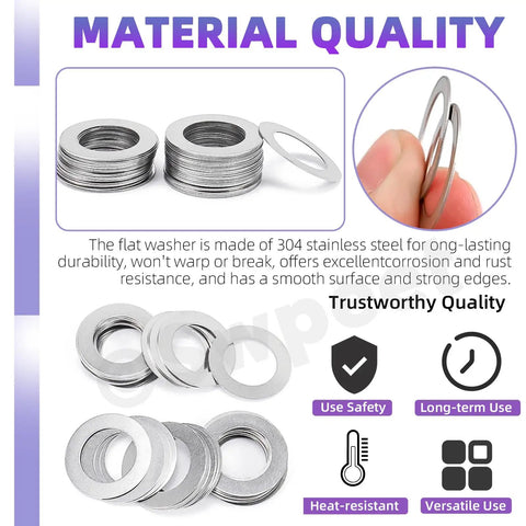 304 Stainless Steel Flat Washer Set, 175 Piece Assortment in 6 Sizes M4 M5 M6 M8 M10 M12, ultra thin washers shown stacked