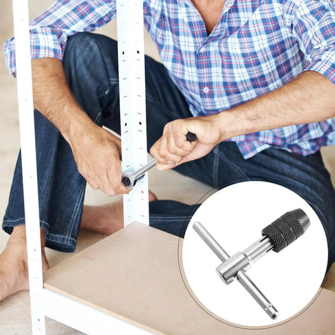 Three Piece Adjustable Ratcheting Tap Wrench Set With Detachable Bar For Handy One Hand Operation Durable Steel For Drills Taps Reamers And Manual Threading, man threading metal rod