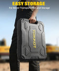 Person holding a black storage case for Cordless Electric Grease Gun With LED Light Beastly Power Up To 14000 PSI 12 Inch Hose And 6 Inch Couplers Compatible With DeWalt 20V Battery Battery And Charger Not Included Tool Only