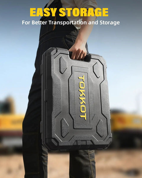 Person holding a black storage case for Cordless Electric Grease Gun With LED Light Beastly Power Up To 14000 PSI 12 Inch Hose And 6 Inch Couplers Compatible With DeWalt 20V Battery Battery And Charger Not Included Tool Only