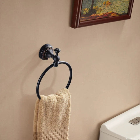 Oil Rubbed Bronze Round Towel Ring Wall Mounted With Flower Base Brass Towel Holder For Bathroom Accessories Screw In Mount Rust Resistant Classic Retro Style next to toilet