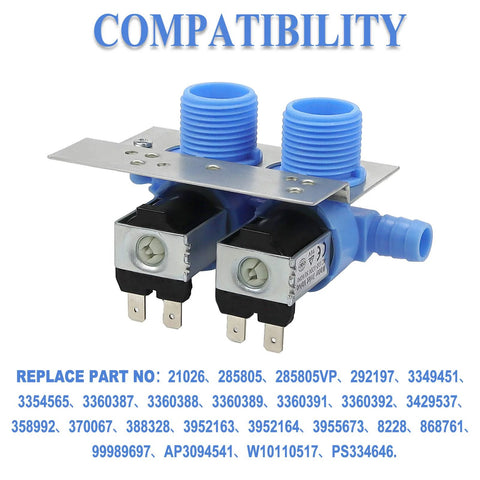 Washing machine water inlet valve with dual solenoids, blue threaded inlet fittings, and metal mounting bracket.