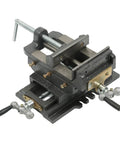 Heavy Duty 5 Inch Cross Slide Drill Press Vise For Woodworking Rock Solid Cast Iron Milling Fixture with cranks and slots.