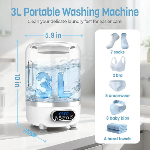 Grab And Go Portable 3 Liter Mini Washer Cordless With Rapid Spin Basket cleaning socks and underwear in a compact design.
