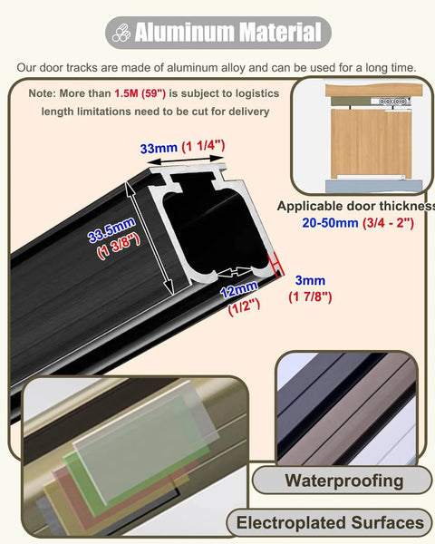 Cross-section of Pocket Door Track Kit With Soft Close Hardware showing dimensions and materials, aluminum alloy with electroplated surfaces.