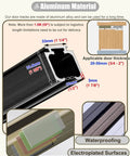 Built Tough Soft Close Pocket Door Track Kit aluminum materials and dimensions, showing door compatibility and waterproof features.