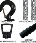 Manual lever chain hoist components: black swivel hook, G80 chain, thickened handle, non-slip rubber grip.