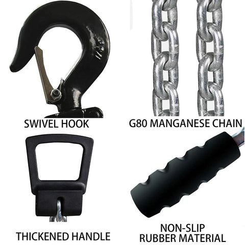 Manual lever chain hoist components: black swivel hook, G80 chain, thickened handle, non-slip rubber grip.