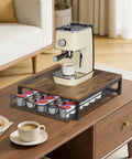 Dope Wooden Coffee Pod Holder with Sliding Drawer on a table, holding a coffee machine and K-Cups neatly organized.