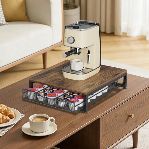 Dope Wooden Coffee Pod Holder with Sliding Drawer on a table, holding a coffee machine and K-Cups neatly organized.