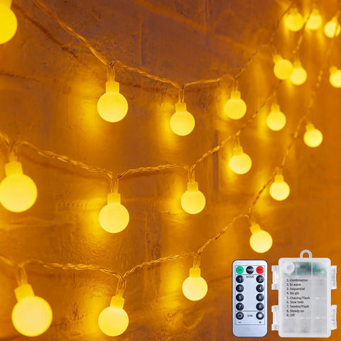 Battery Operated Globe Fairy String Lights With Remote, 21Ft Long, 60 Warm White LEDs, Waterproof Twinkle Lights