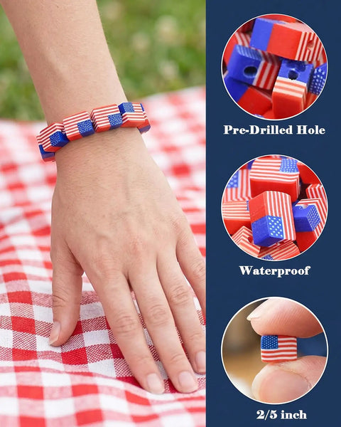 Bracelet with All American Flag Polymer Clay Beads Pack for DIY Jewelry Making on a picnic cloth, showing bead details.