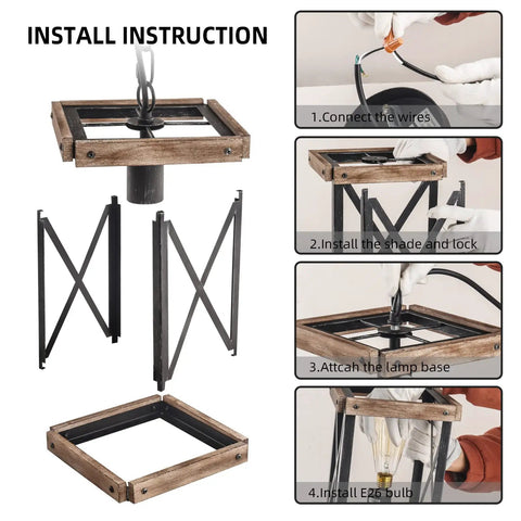 Installation instructions for Rustic Farmhouse Pendant Light With Adjustable Metal And Wood Chandelier Fixture