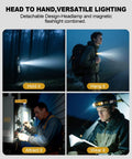 Rechargeable LED Headlamp For Adults With Red Light Hard Hat Compatible used in four scenarios: handheld, hanging, mounted, worn.