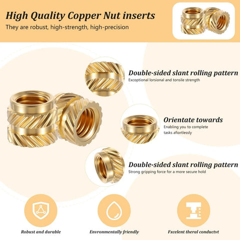 100 Pack M5 Heat Set Threaded Inserts for 3D Printing Brass Knurled Twill Nuts showing detailed design and features.