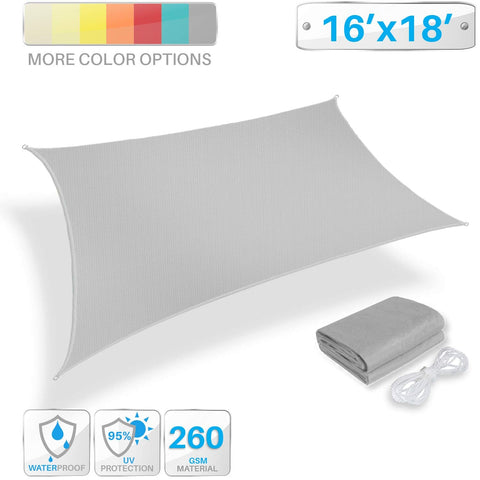 16x18 Waterproof Shade Sail Rectangle With Hardware Kit Light Gray UV Block Outdoor Patio Cover For Garden Backyard