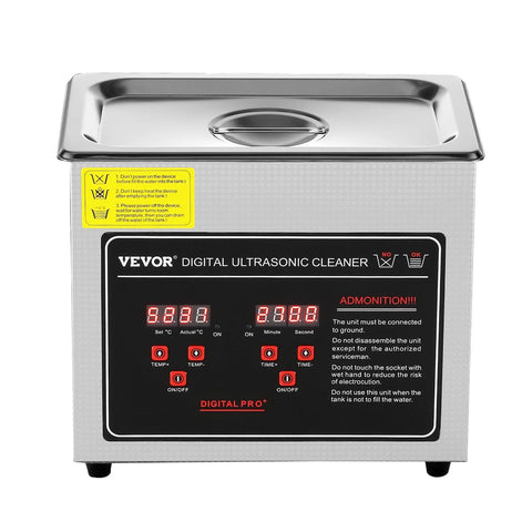 Front view of VEVOR digital ultrasonic cleaner in stainless steel with black control panel and red LED digits