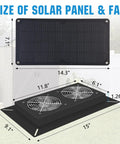 Size diagram of 20W solar dual exhaust fan with waterproof metal housing, dimensions shown for easy installation.