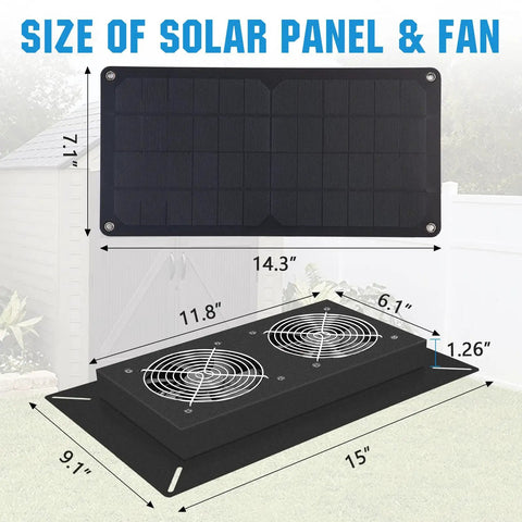 Size diagram of 20W solar dual exhaust fan with waterproof metal housing, dimensions shown for easy installation.