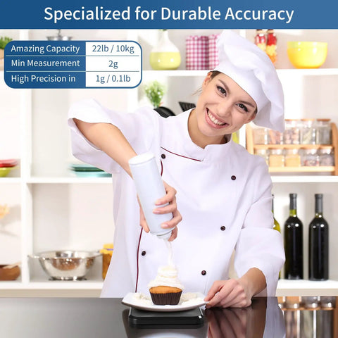 Chef using 22 Pound Digital Kitchen Scale With 0.1 Ounce And 1 Gram Precision For Cooking And Baking, Pro Grade Accuracy From A Trusted Weighing Expert Factory Since 2001, LED Display With Batteries Included, Black.