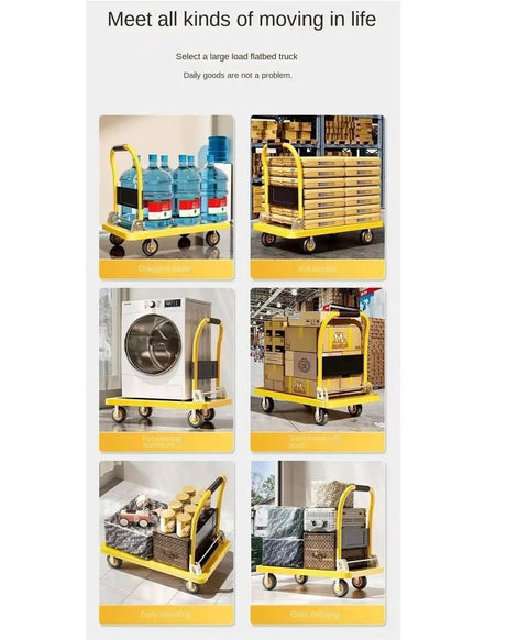 Beefy Workhorse Heavy Duty Platform Truck Hand Push Cart For Material Handling With Quiet Durable Wheels 360 Degree Swivel Back Wheels And Easy Maneuverability For Wide Use, yellow steel flatbed