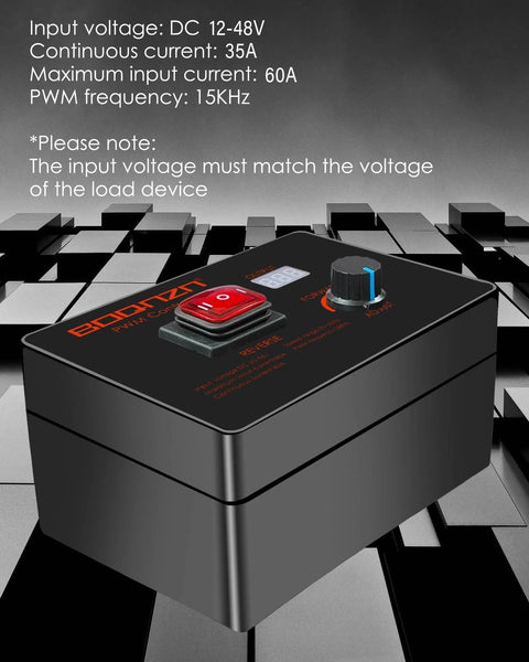 Waterproof PWM Controller For DC 12-48V 35A Motor Speed Controller with adjustable knob and LED readout on grid background