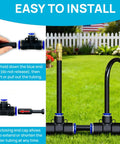 Instructions for installing 360 Degree Adjustable Drip Irrigation System with 50 Ft hose, highlighting connection steps.